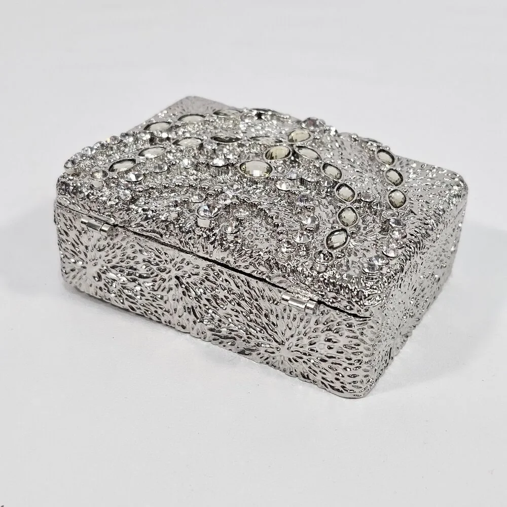 Silver Metal Rhinestone Trinket Box Ring Holder 3.5x2.5×1.5 Wedding Glam Bling